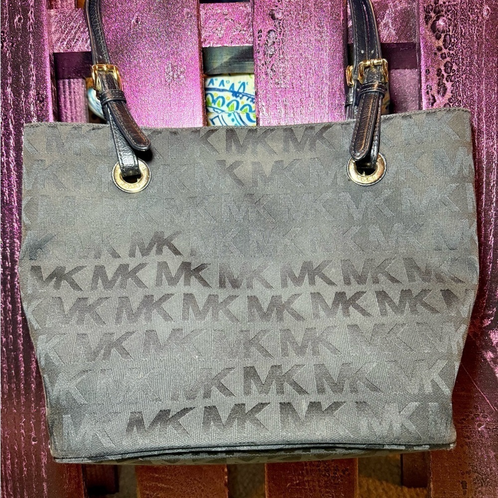 Michael Kors Black Monogram Tote with Gold Hardware - Picture 1 of 5